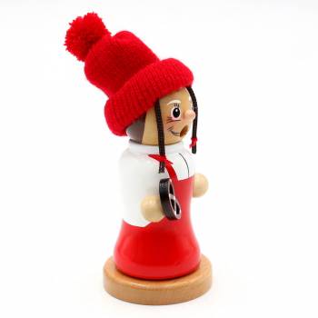 Räucherfigur Gretel mit weißer Bluse, rotem Kleid und roter Mütze