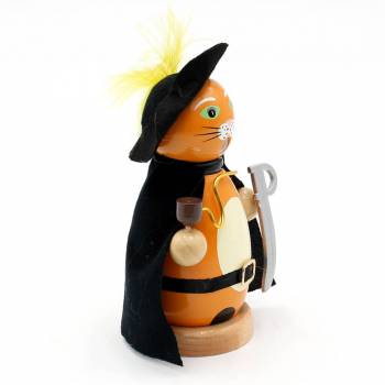 Räucherfigur gestiefelter Kater mit schwarzem Umhang und Hut mit gelber Feder