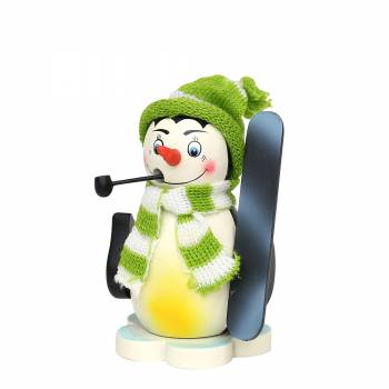 Räucherfigur raeuchermaennchen Pinguin mit freundlichem Gesicht, grüner Strickmütze und grün weißem Strickschal. Mit Snowboard im Flügel