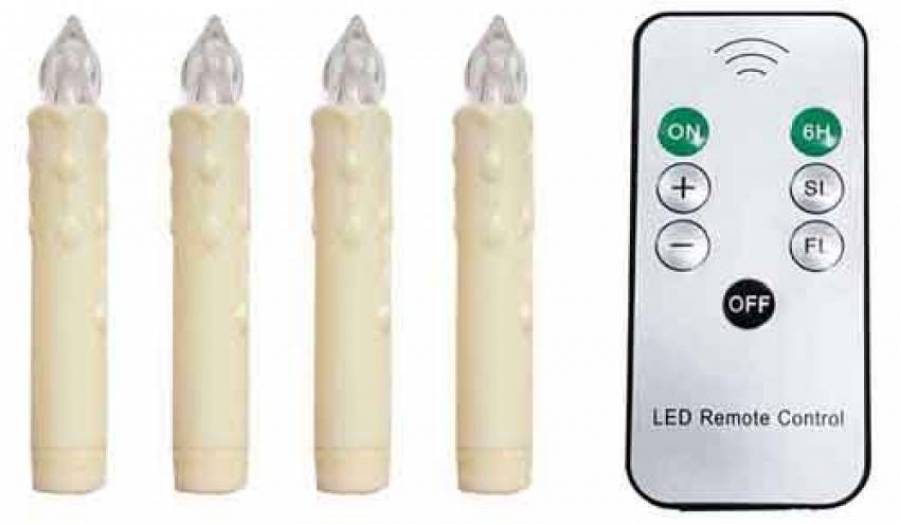 • 4 kabellose LED-Weihnachtskerzen Länge: 85mm Durchmesser: 14mm Schaftfarbe: elfenbein benötigter Batterietyp: Micro AAA magnetisch, passend für 14mm Metalleinsatz